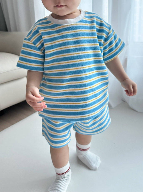 At Noon Kids Stripe Terry Cloth Short Sleeve Top and Shorts Set-4-5T