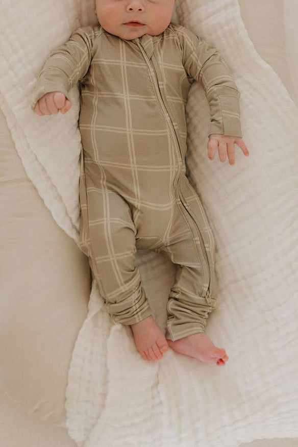 Bamboo Zip Pajamas | Linen Grid: Newborn