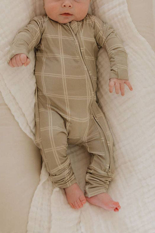 Bamboo Zip Pajamas | Linen Grid: 3-6 Months