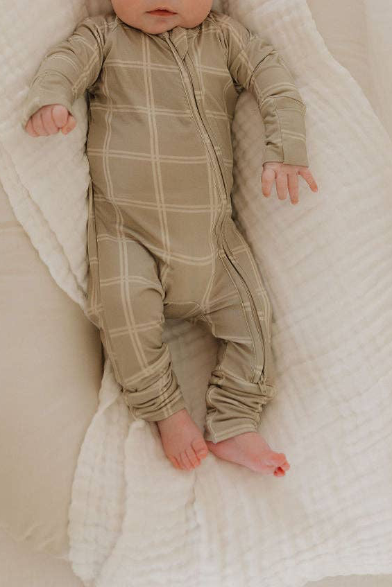 Bamboo Zip Pajamas | Linen Grid: 3-6 Months