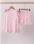 Pink bow print scalloped ruffle shorts set 12 months