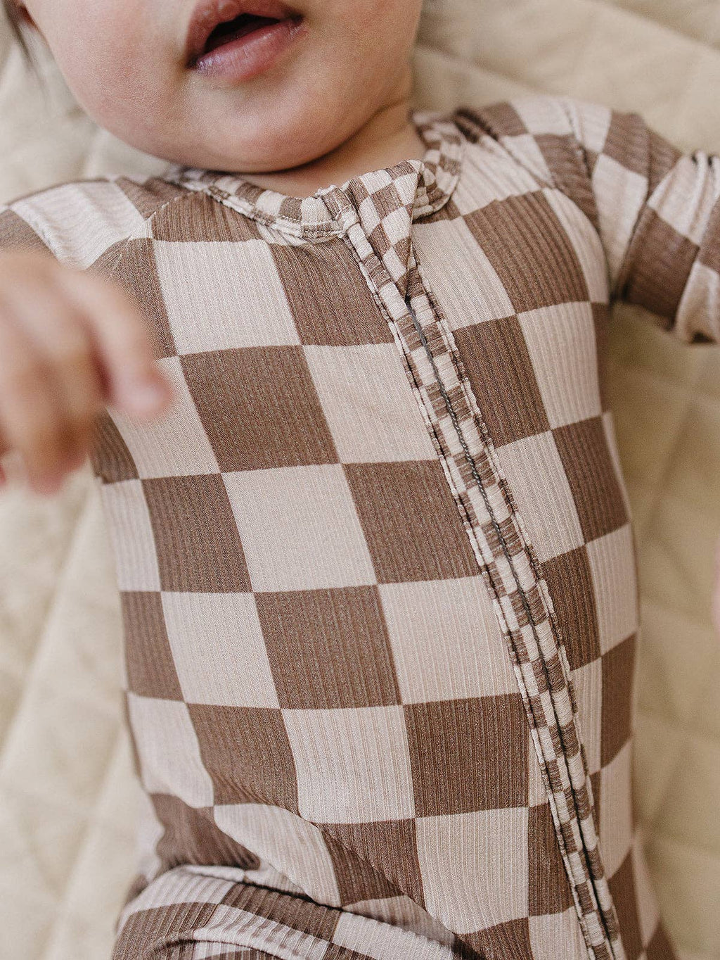 Ribbed Bamboo Zip Romper | Latte Checkered: 12-18M