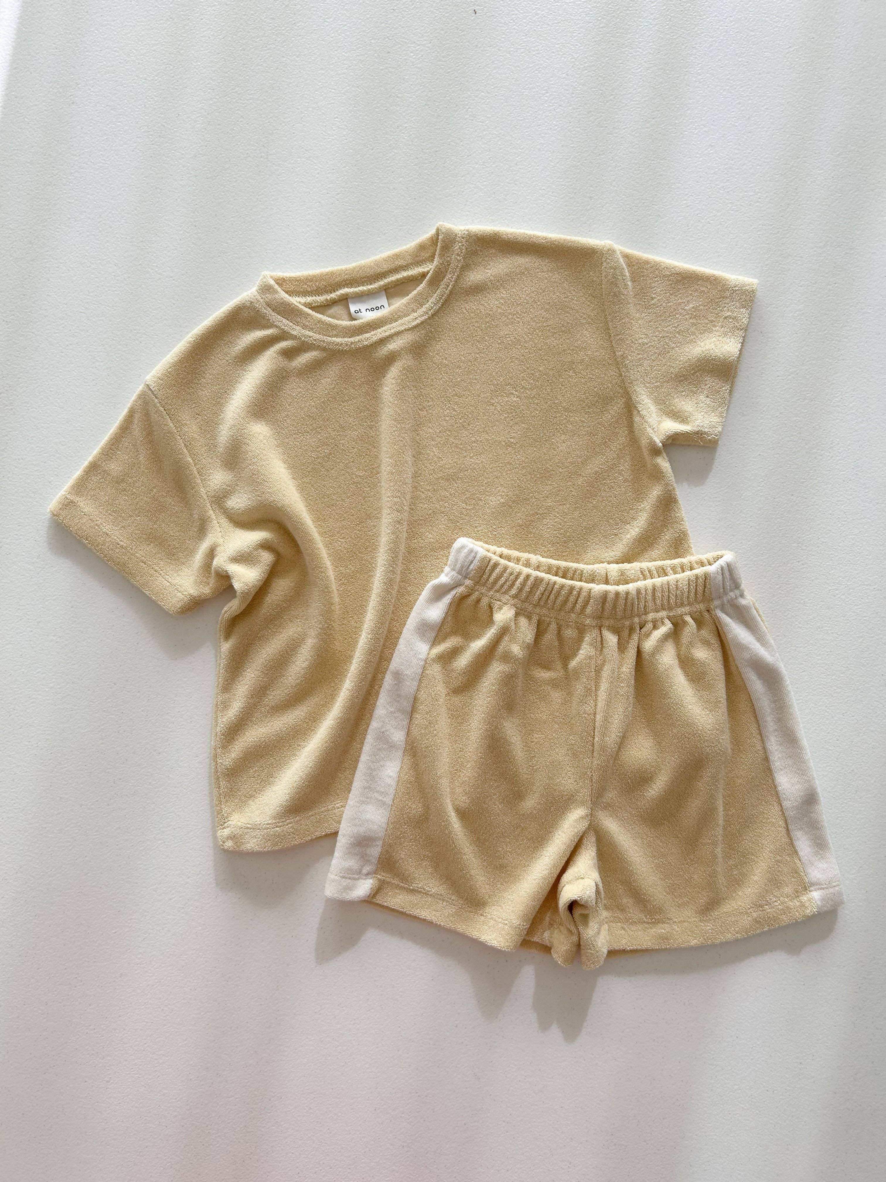 [At Noon Original Design] Kids Terry Cloth Short Sleeve Top and Shorts Set Butter: 3-4T