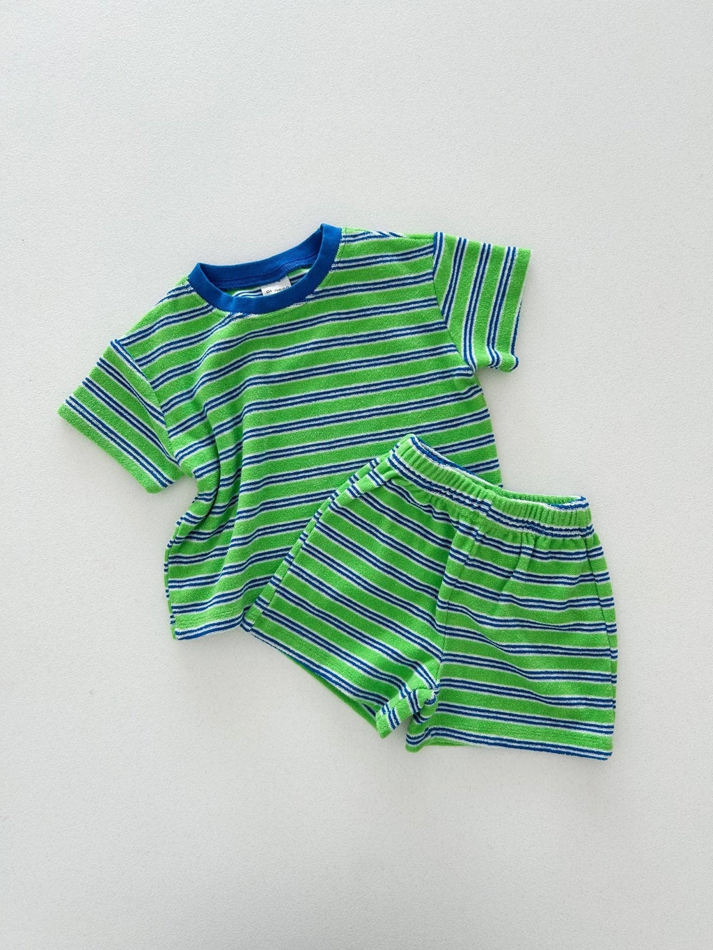 At Noon Kids Stripe Terry Cloth Short Sleeve Top and Shorts Set Green: 6-12m