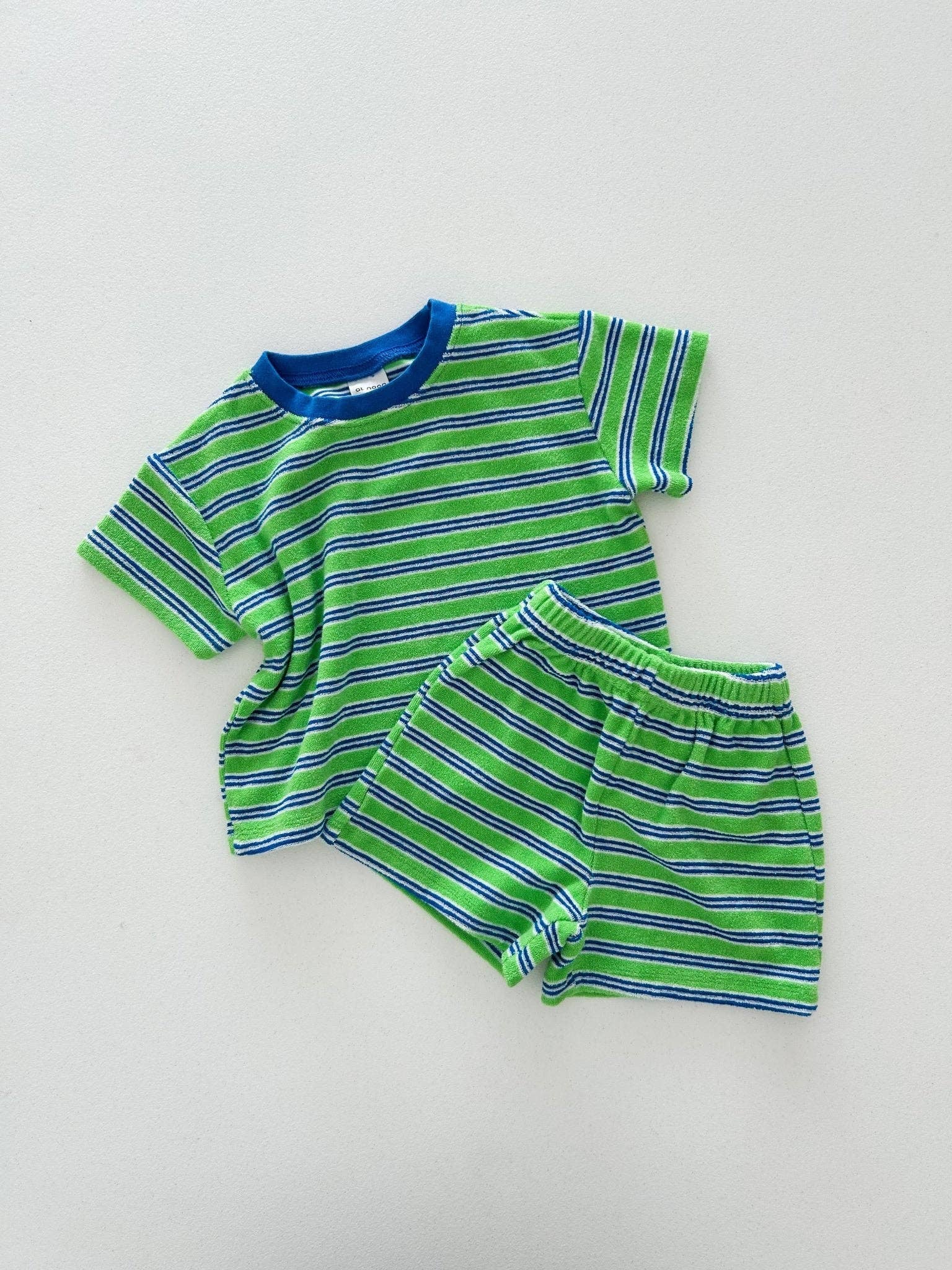 At Noon Kids Stripe Terry Cloth Short Sleeve Top and Shorts Set Green: 6-12m