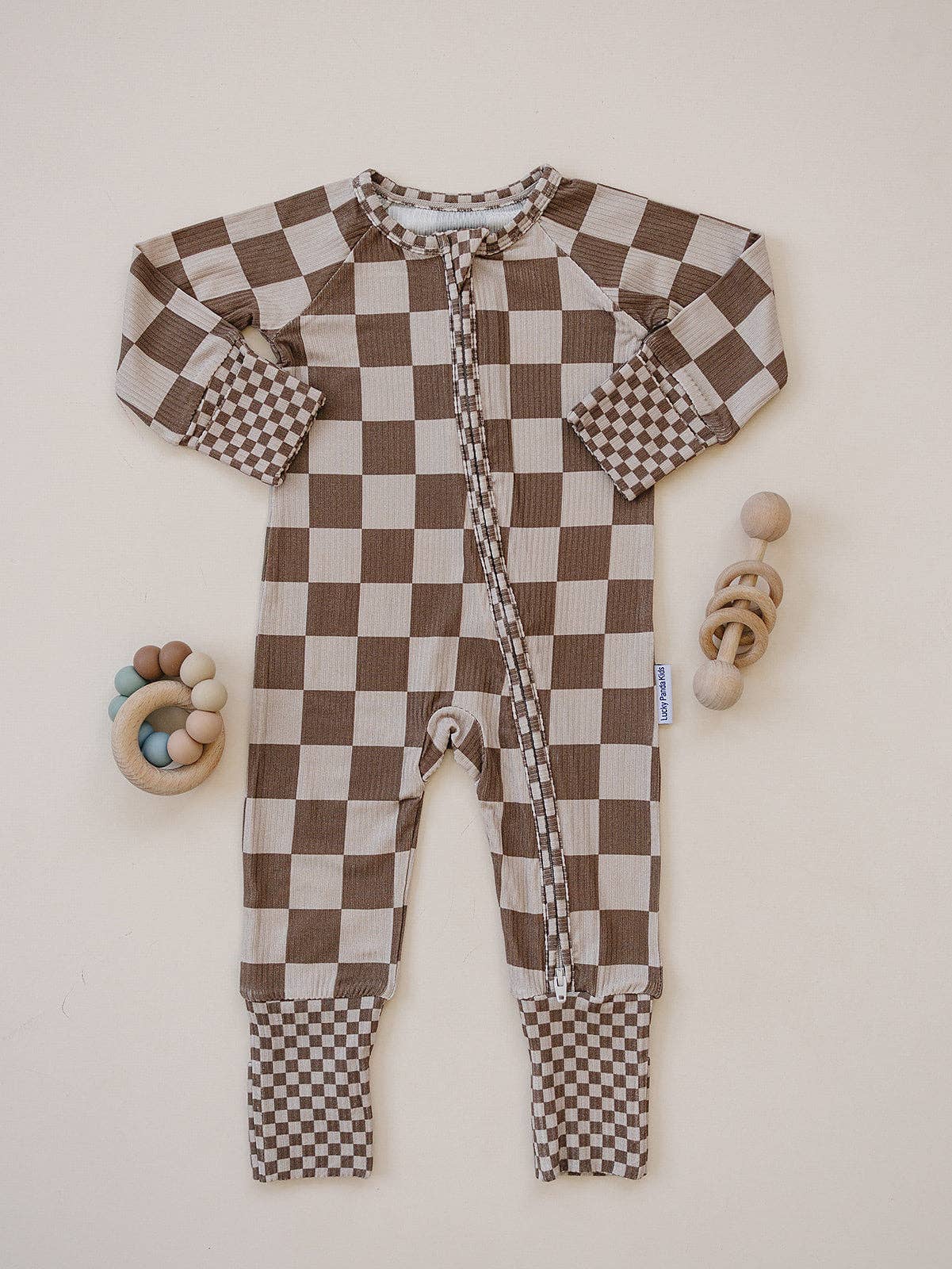 Ribbed Bamboo Zip Romper | Latte Checkered: 6-12M