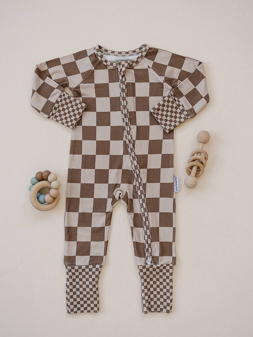 Ribbed Bamboo Zip Romper | Latte Checkered: 12-18M