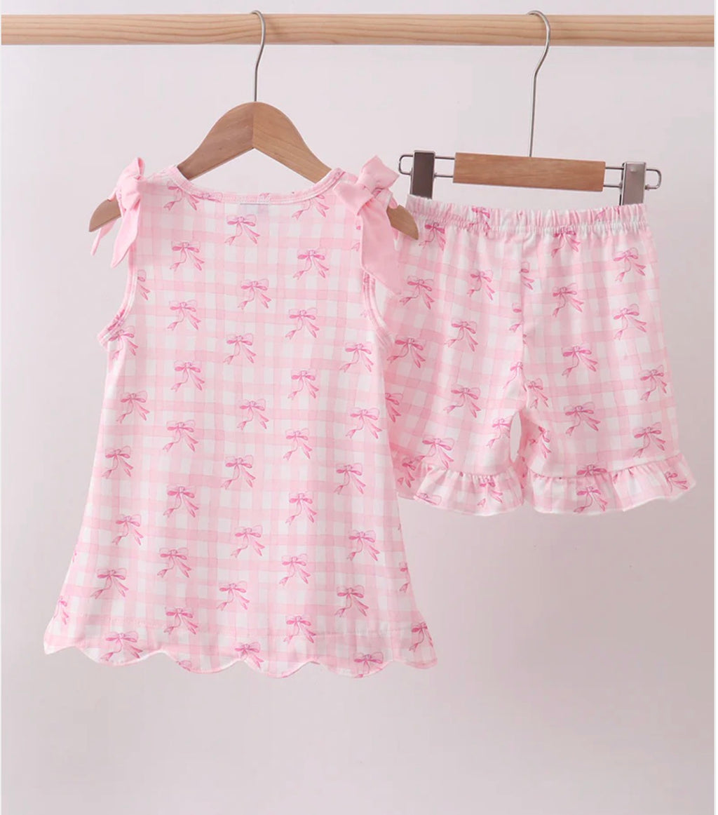 Pink bow print scalloped ruffle shorts set 12 months