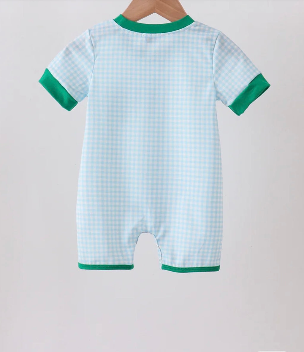 Green grid pocket romper 12 Months