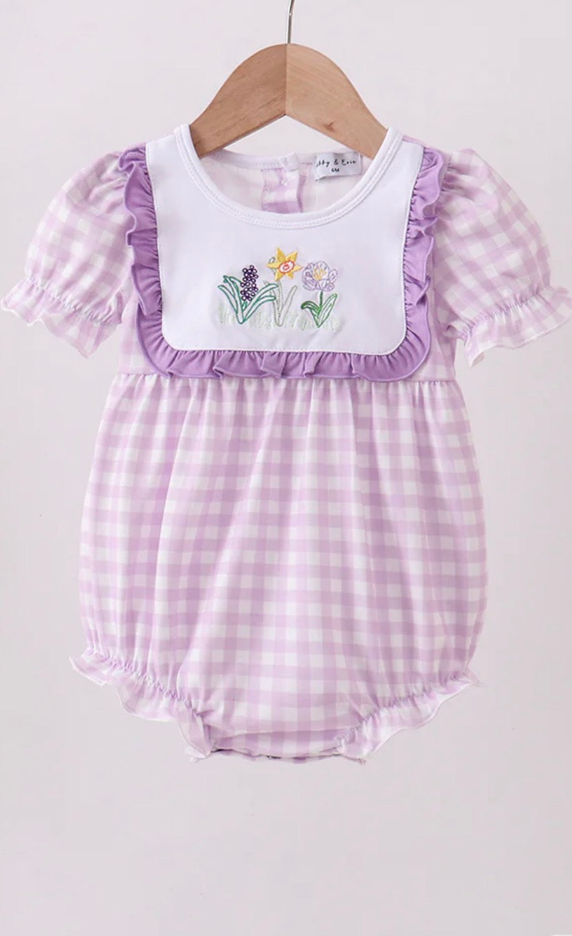 Purple floral embroidery gingham ruffle bubble 18 Months