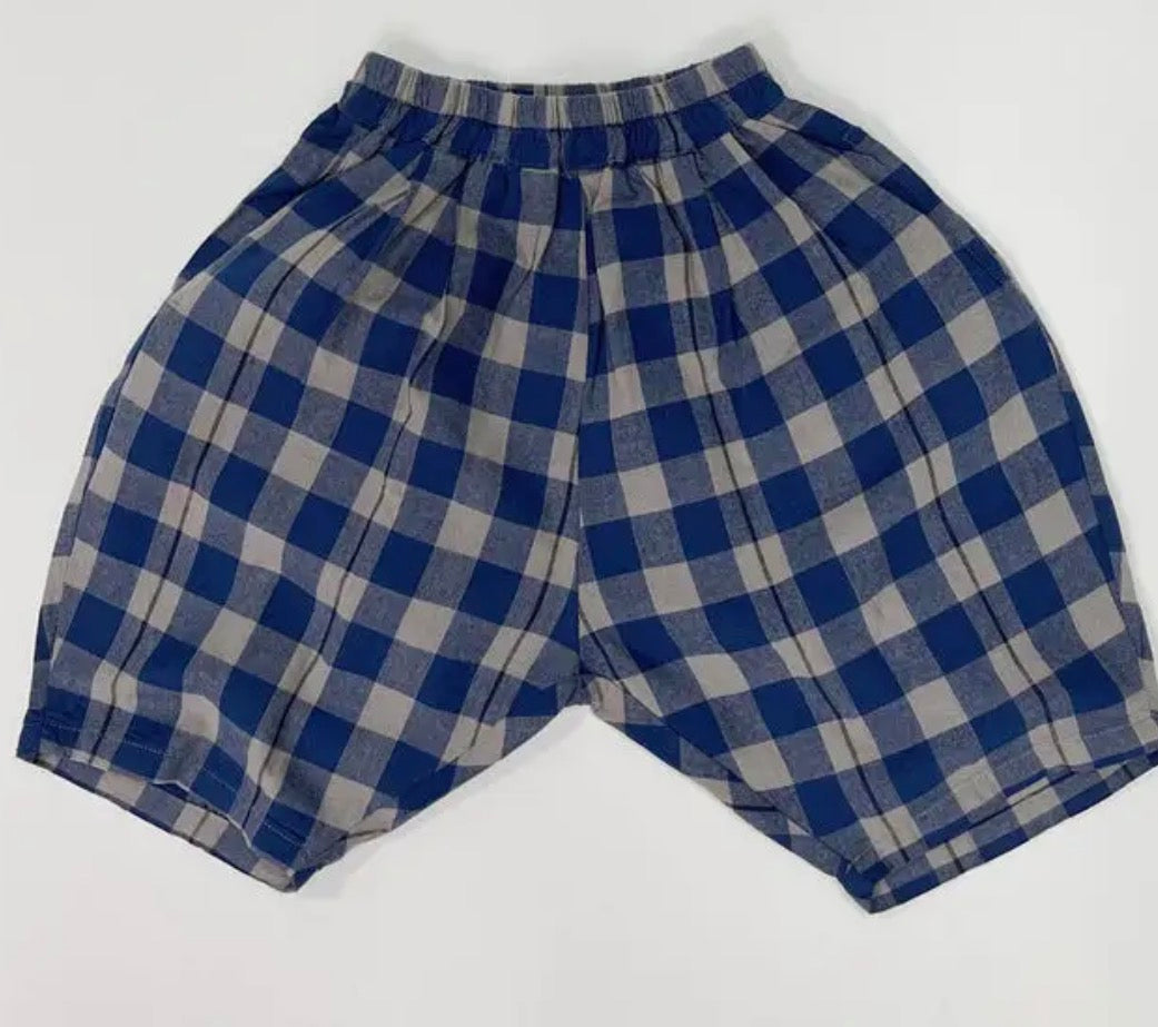 Kids' Striped Cotton Linen Loose Fit Shorts: Blue Gray Check /2-3T