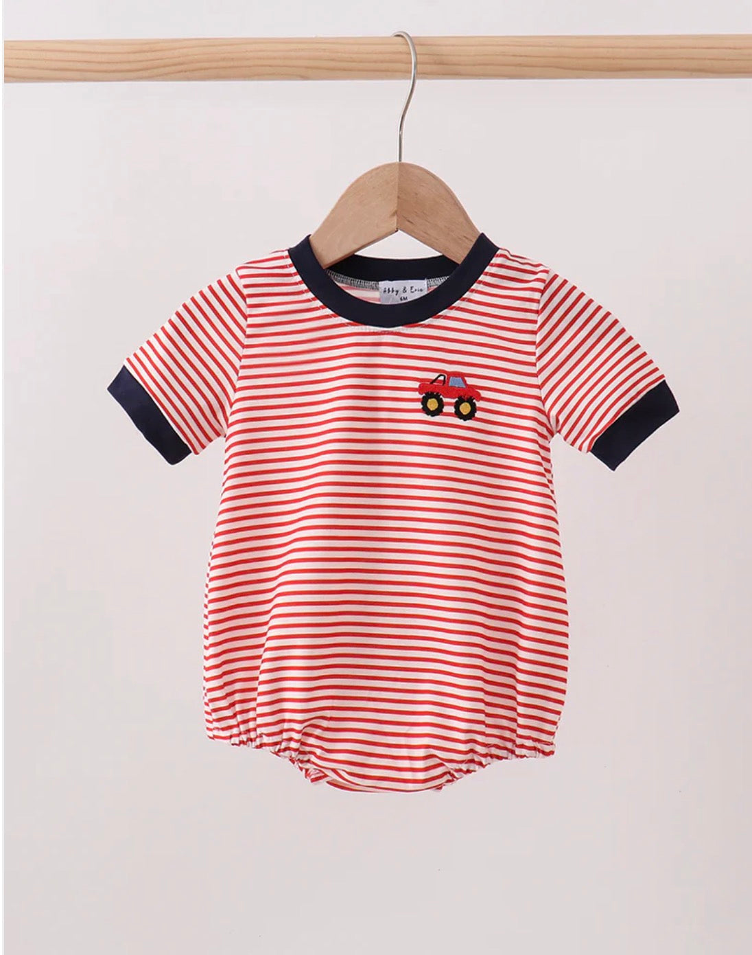 Red Stripe Car Embroidered Bubble - 12 Months