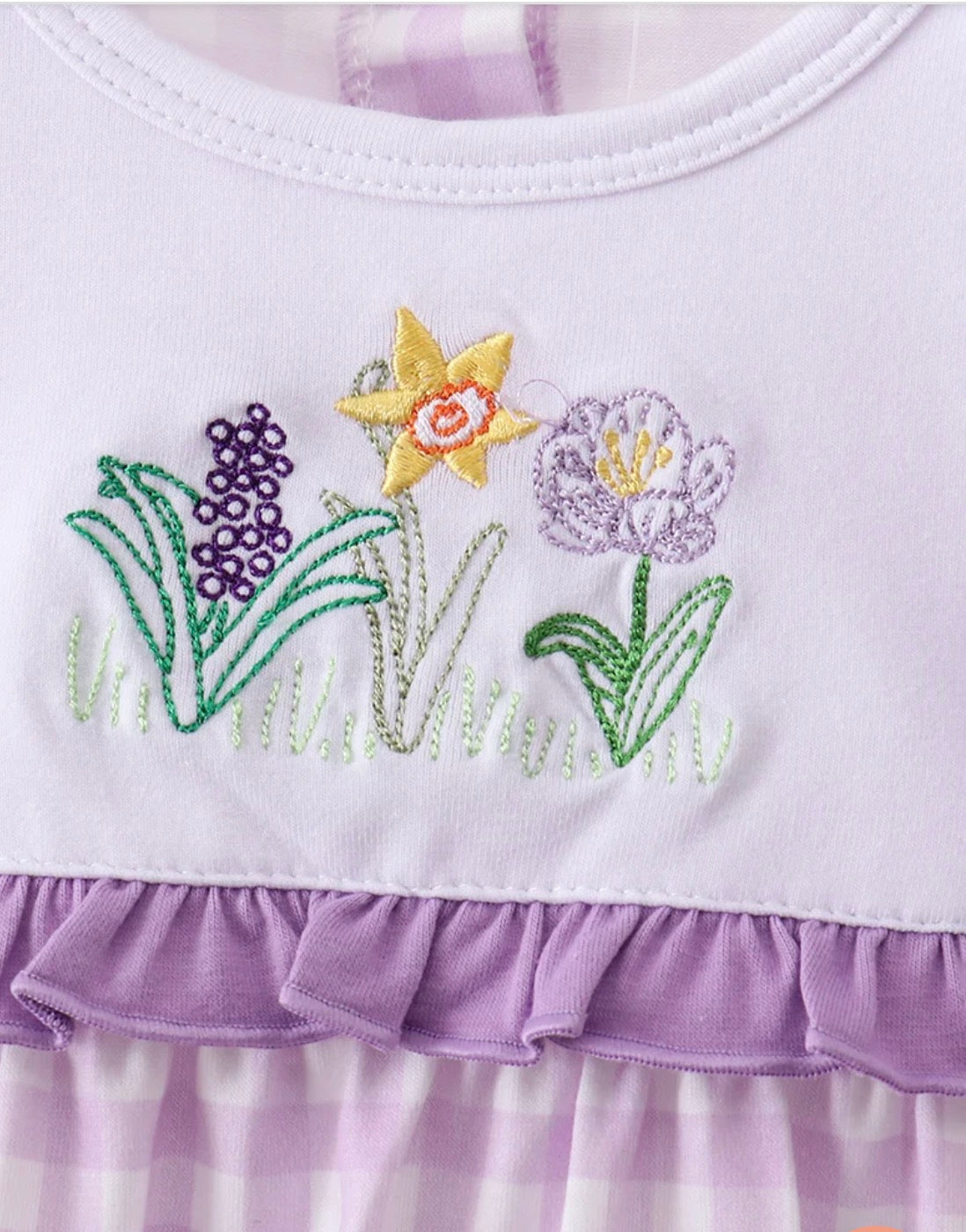 Purple floral embroidery gingham ruffle bubble 18 Months