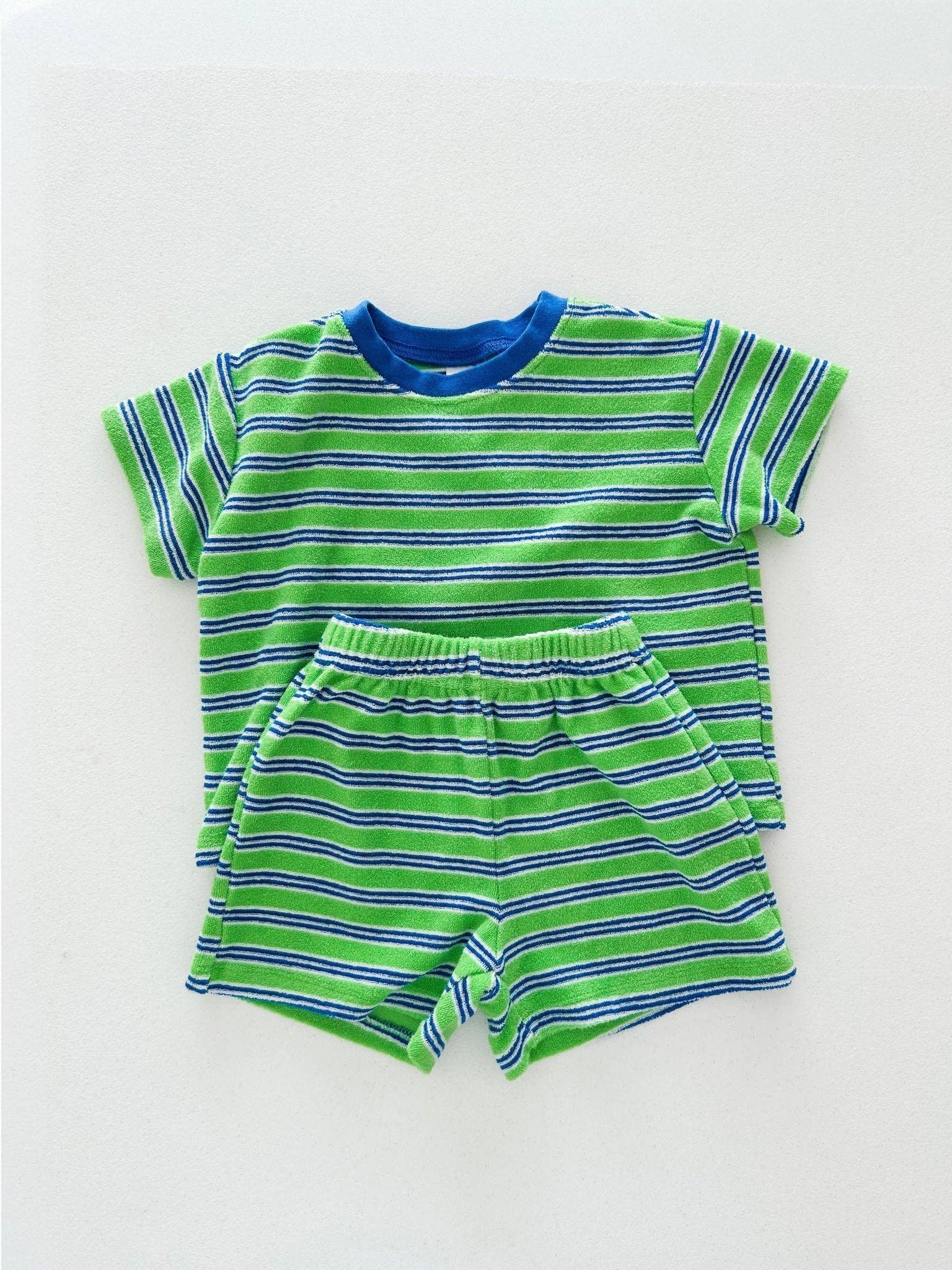 At Noon Kids Stripe Terry Cloth Short Sleeve Top and Shorts Set Green: 6-12m