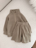 [At Noon Original Design] Kids Half-Zip Waffle Top and Shorts Set  - Sage Green / 2-3T