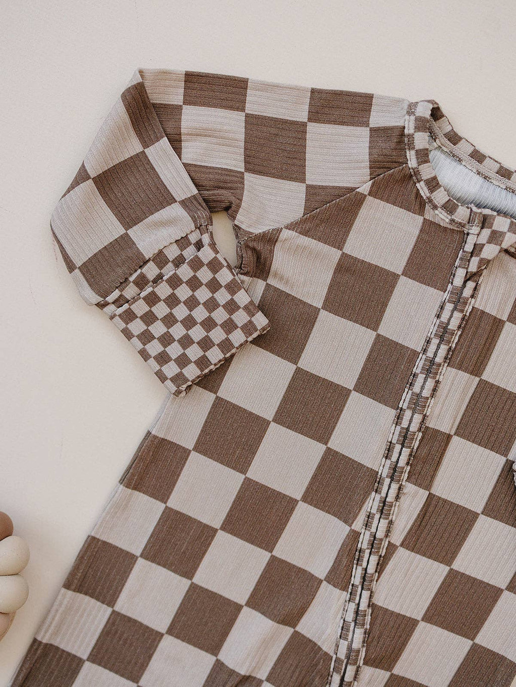Ribbed Bamboo Zip Romper | Latte Checkered: 6-12M