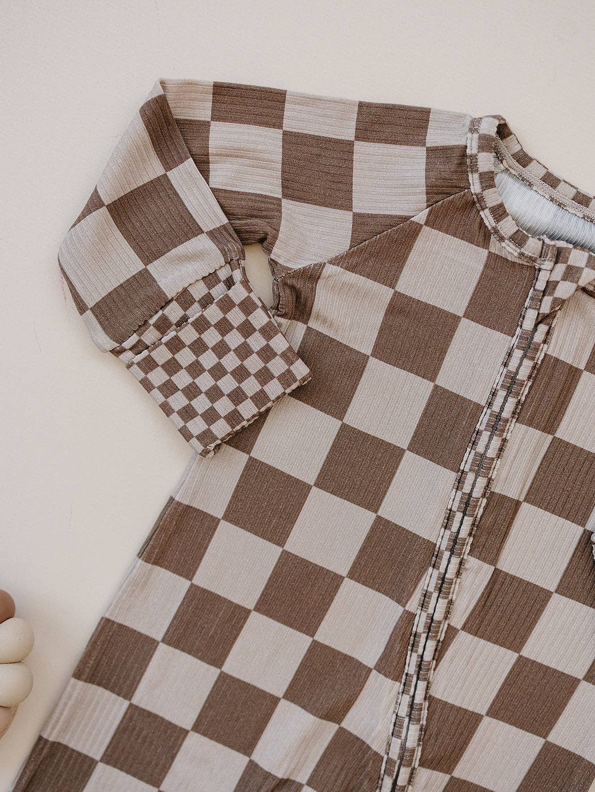 Ribbed Bamboo Zip Romper | Latte Checkered: 12-18M