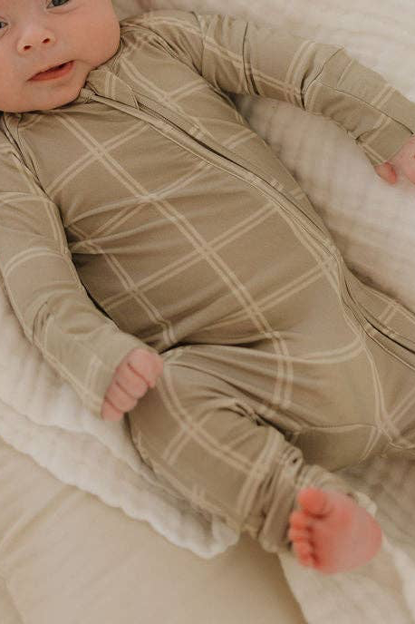 Bamboo Zip Pajamas | Linen Grid: 3-6 Months