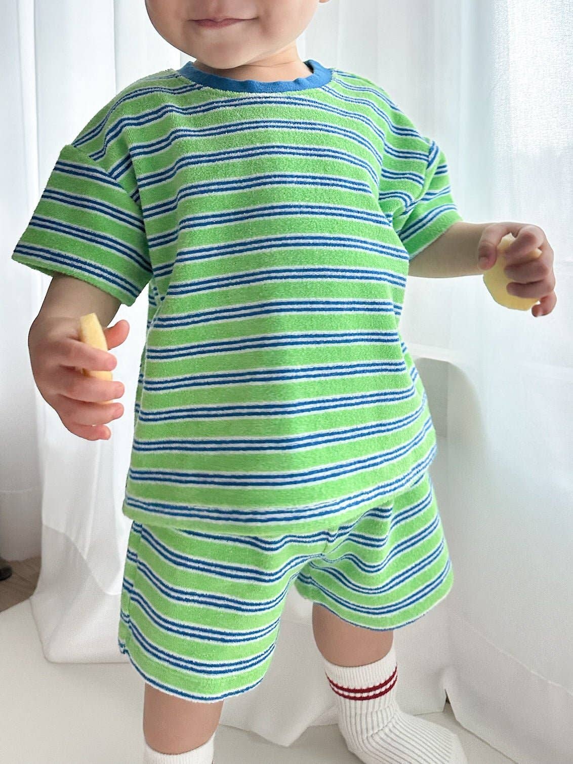 At Noon Kids Stripe Terry Cloth Short Sleeve Top and Shorts Set Green: 6-12m